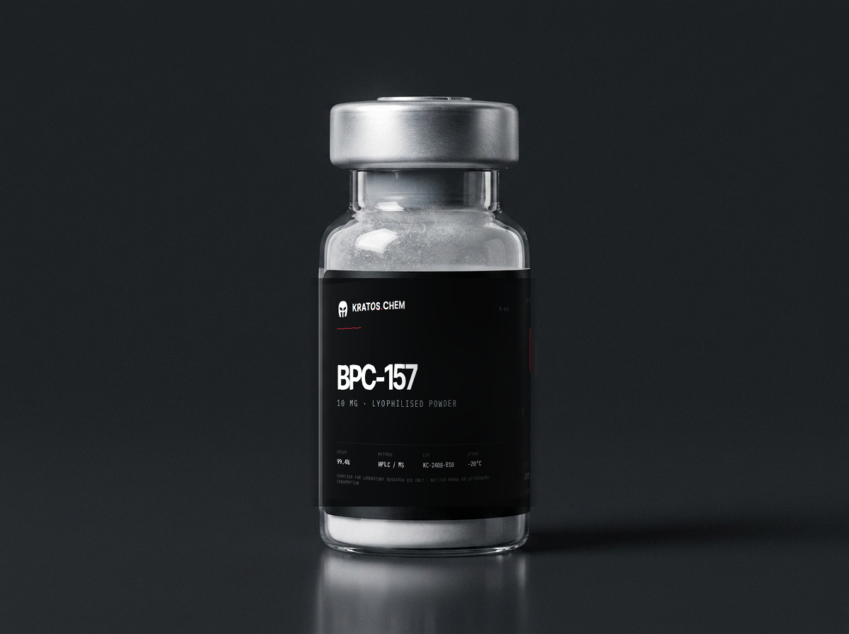 Kratos.Chem BPC-157 10 mg vial, lyophilised powder, sealed with an aluminium crimp cap